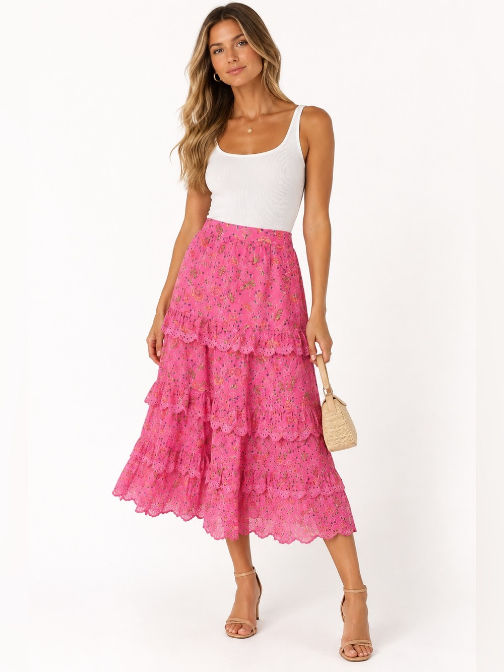 CAROLINE CONSTAS Pink Floral Midi Skirt Size L